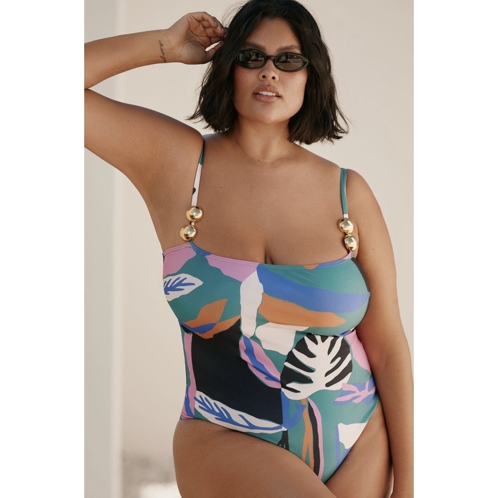 Anthropologie Villa Fresca Bella One Piece 2X NWT Tropical Abstract Gold Beaded